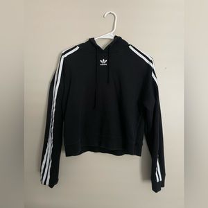 Adidas Womens Cropped Hoodie Sweatshirt Black White 3 Stripes